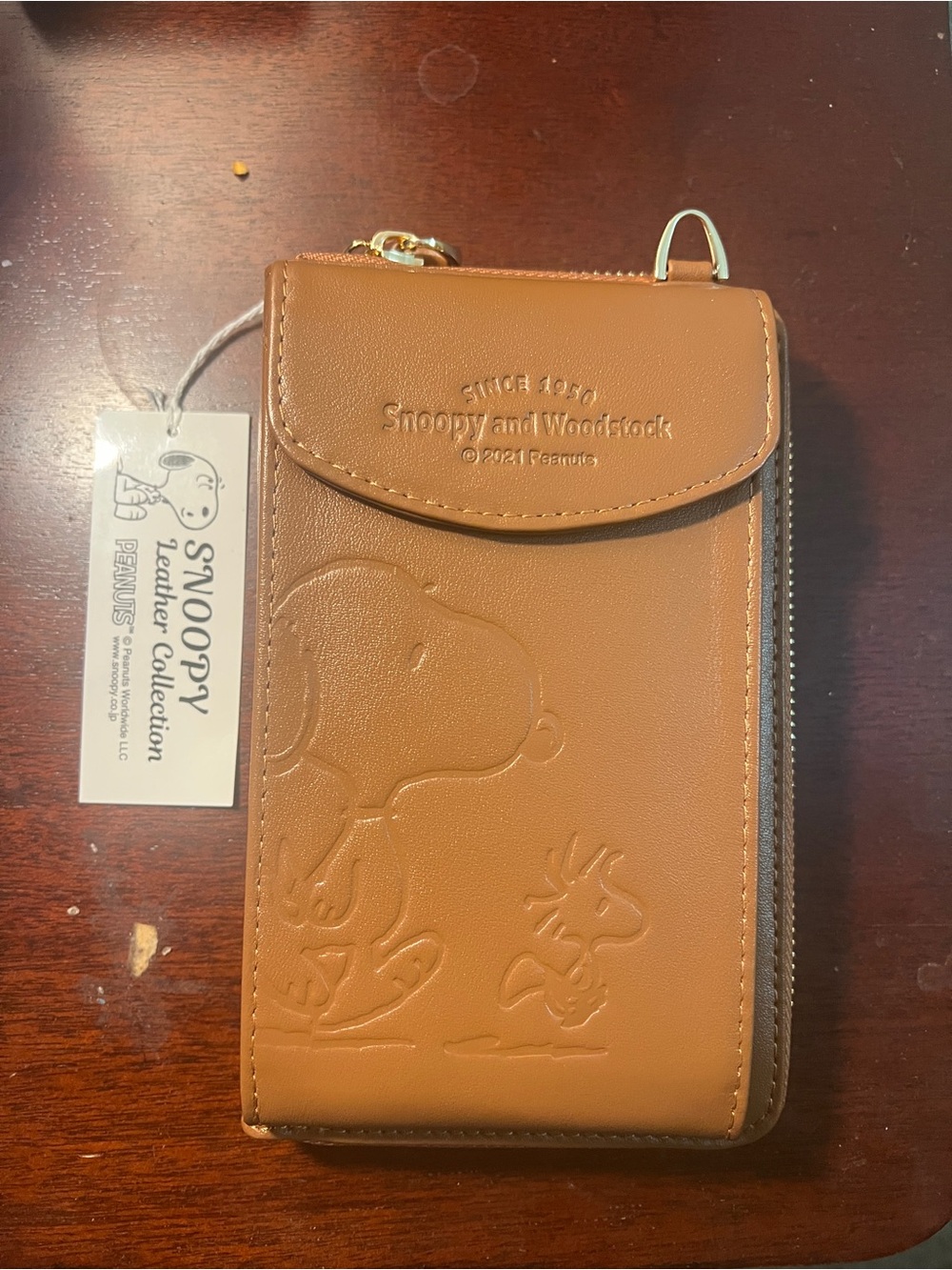 Snoopy & Woodstock Brown Leather Phone Wallet Case - Official Peanuts